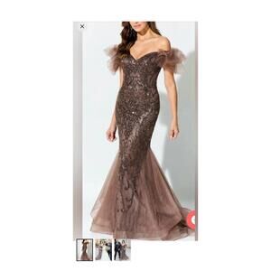 NEW IVONNE D beaded gown in mocha
